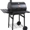 Char-Griller® Wrangler® Charcoal Grill in Black with Metal Shelves, EasyDump™ Ash Pan, Premium Wood Front and Side Shelves with Utensil Hooks, 640 Cooking Square Inches in Black, Model 2823