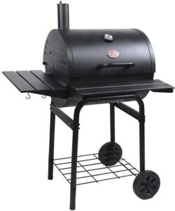 Char-Griller® Wrangler® Charcoal Grill in Black with Metal Shelves, EasyDump™ Ash Pan, Premium Wood Front and Side Shelves with Utensil Hooks, 640 Cooking Square Inches in Black, Model 2823