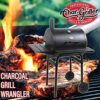 Char-Griller® Wrangler® Charcoal Grill in Black with Metal Shelves, EasyDump™ Ash Pan, Premium Wood Front and Side Shelves with Utensil Hooks, 640 Cooking Square Inches in Black, Model 2823