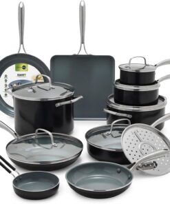GreenPan 17 Piece Nonstick Swift Cookware Set, Ceramic PFAS-Free Pots & Pans with Lids, Dishwasher & Oven Broiler Safe to 600F, Kitchen Cooking Set, Sauce, Saute, Stock, Griddle, Frying Pans, Gray