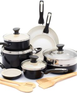 GreenPan Rio 16 Piece Cookware Pots and Pans Set, Hard Anodized Healthy Ceramic Nonstick PFAS-Free, Bakelite Handles, Frypans, Saucepan, Saute Pan, Stock Pot, Kitchen Tools, Dishwasher Safe, Black
