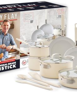GreenPan x Bobby Flay 13 Piece Nonstick Cookware Pots and Pans Set, PFAS-Free Diamond Ceramic, Induction Suitable, Easy Clean Dishwasher & Oven Safe, Stay-Cool Silicone Handles, Glass Lids, Cream