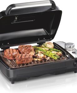 Hamilton Beach Electric Indoor Grill with Hot and Cold Smoke Infuser, 150°F - 450°F Temperature Control For Searing, Vented Hood and Fan, 116 Sq. In. Non-Stick Cooking Surface, Black (25375)