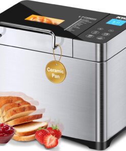 KBS Pro 710W Bread Maker, 2LB 17-in-1 Automatic Bread Machine with Healthy Ceramic Pan, Nut Dispenser, Tempered Glass Touch Panel, Stainless Steel Housing,3 Crust Colors, 15H Timer&Keep-Warm, Recipe