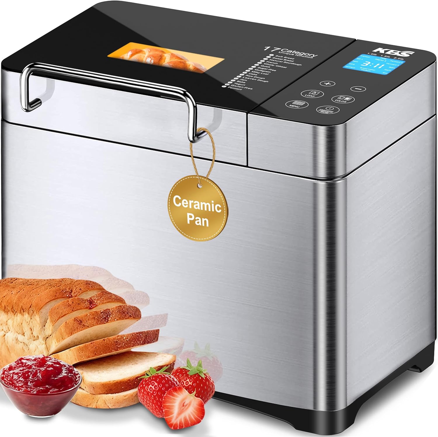 KBS Pro 710W Bread Maker, 2LB 17-in-1 Automatic Bread Machine with Healthy Ceramic Pan, Nut Dispenser, Tempered Glass Touch Panel, Stainless Steel Housing,3 Crust Colors, 15H Timer&Keep-Warm, Recipe KBS Pro 710W Bread Maker, 2LB 17-in-1 Automatic Bread Machine with Healthy Ceramic Pan, Nut Dispenser, Tempered Glass Touch Panel, Stainless Steel Housing,3 Crust Colors, 15H Timer&Keep-Warm, Recipe