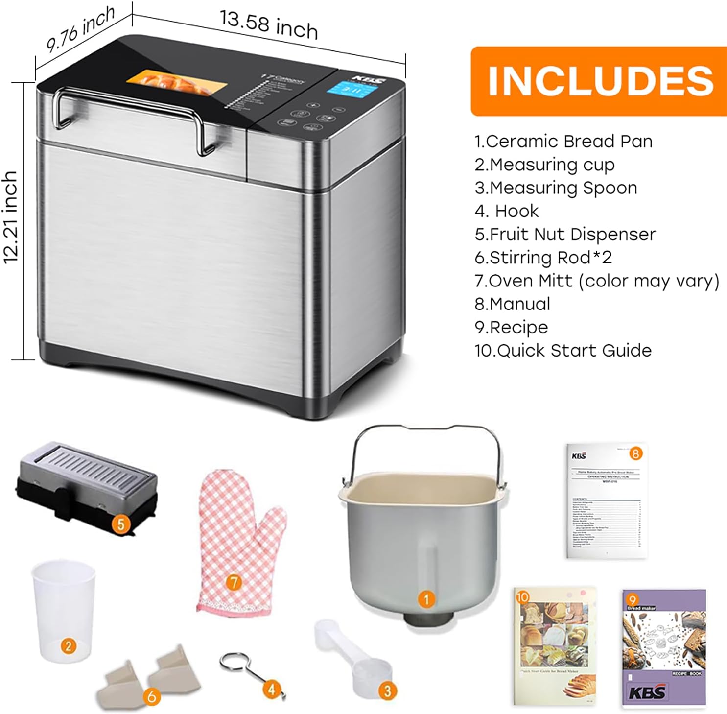 KBS Pro 710W Bread Maker, 2LB 17-in-1 Automatic Bread Machine with Healthy Ceramic Pan, Nut Dispenser, Tempered Glass Touch Panel, Stainless Steel Housing,3 Crust Colors, 15H Timer&Keep-Warm, Recipe KBS Pro 710W Bread Maker, 2LB 17-in-1 Automatic Bread Machine with Healthy Ceramic Pan, Nut Dispenser, Tempered Glass Touch Panel, Stainless Steel Housing,3 Crust Colors, 15H Timer&Keep-Warm, Recipe - Image 9