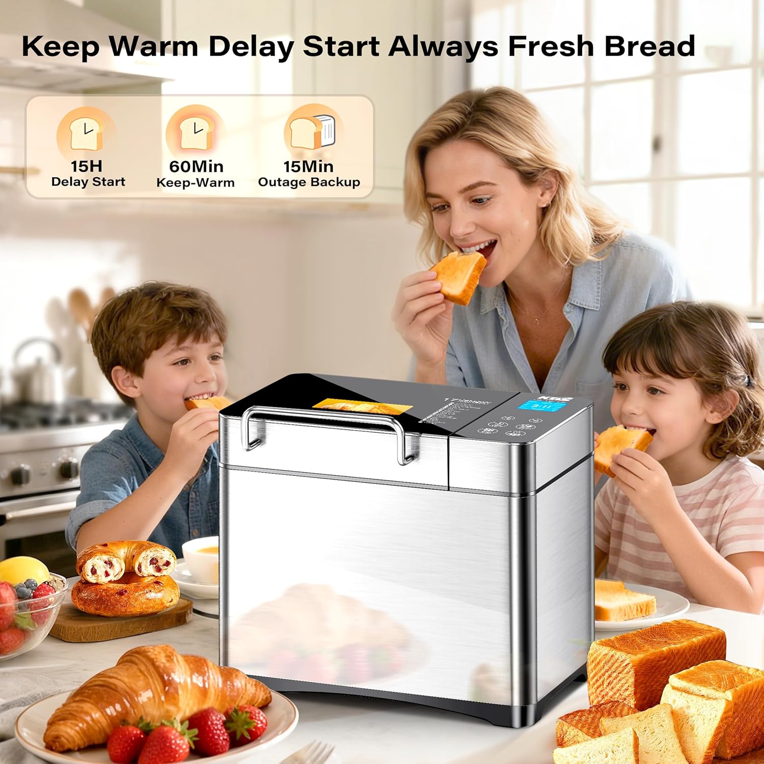 KBS Pro 710W Bread Maker, 2LB 17-in-1 Automatic Bread Machine with Healthy Ceramic Pan, Nut Dispenser, Tempered Glass Touch Panel, Stainless Steel Housing,3 Crust Colors, 15H Timer&Keep-Warm, Recipe KBS Pro 710W Bread Maker, 2LB 17-in-1 Automatic Bread Machine with Healthy Ceramic Pan, Nut Dispenser, Tempered Glass Touch Panel, Stainless Steel Housing,3 Crust Colors, 15H Timer&Keep-Warm, Recipe - Image 5