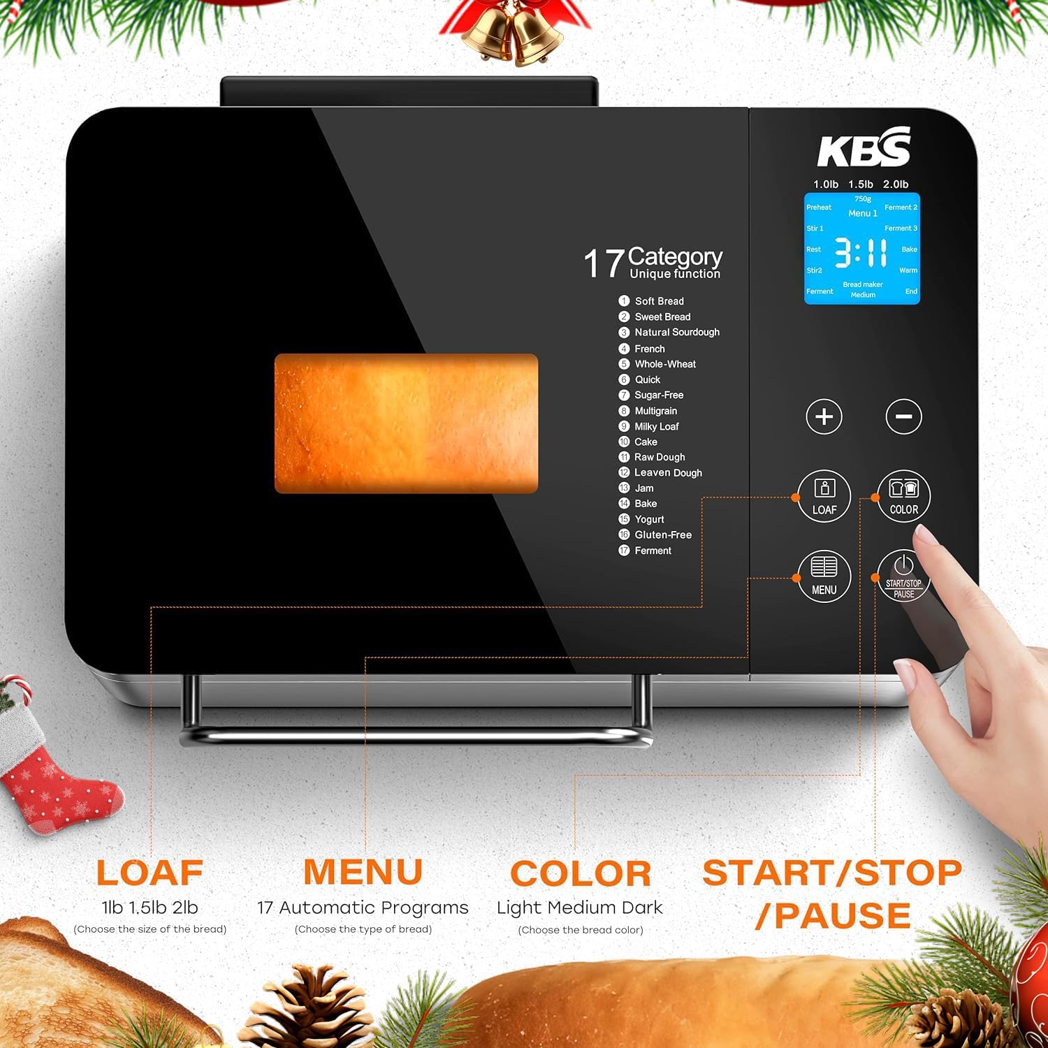 KBS Pro 710W Bread Maker, 2LB 17-in-1 Automatic Bread Machine with Healthy Ceramic Pan, Nut Dispenser, Tempered Glass Touch Panel, Stainless Steel Housing,3 Crust Colors, 15H Timer&Keep-Warm, Recipe KBS Pro 710W Bread Maker, 2LB 17-in-1 Automatic Bread Machine with Healthy Ceramic Pan, Nut Dispenser, Tempered Glass Touch Panel, Stainless Steel Housing,3 Crust Colors, 15H Timer&Keep-Warm, Recipe - Image 2