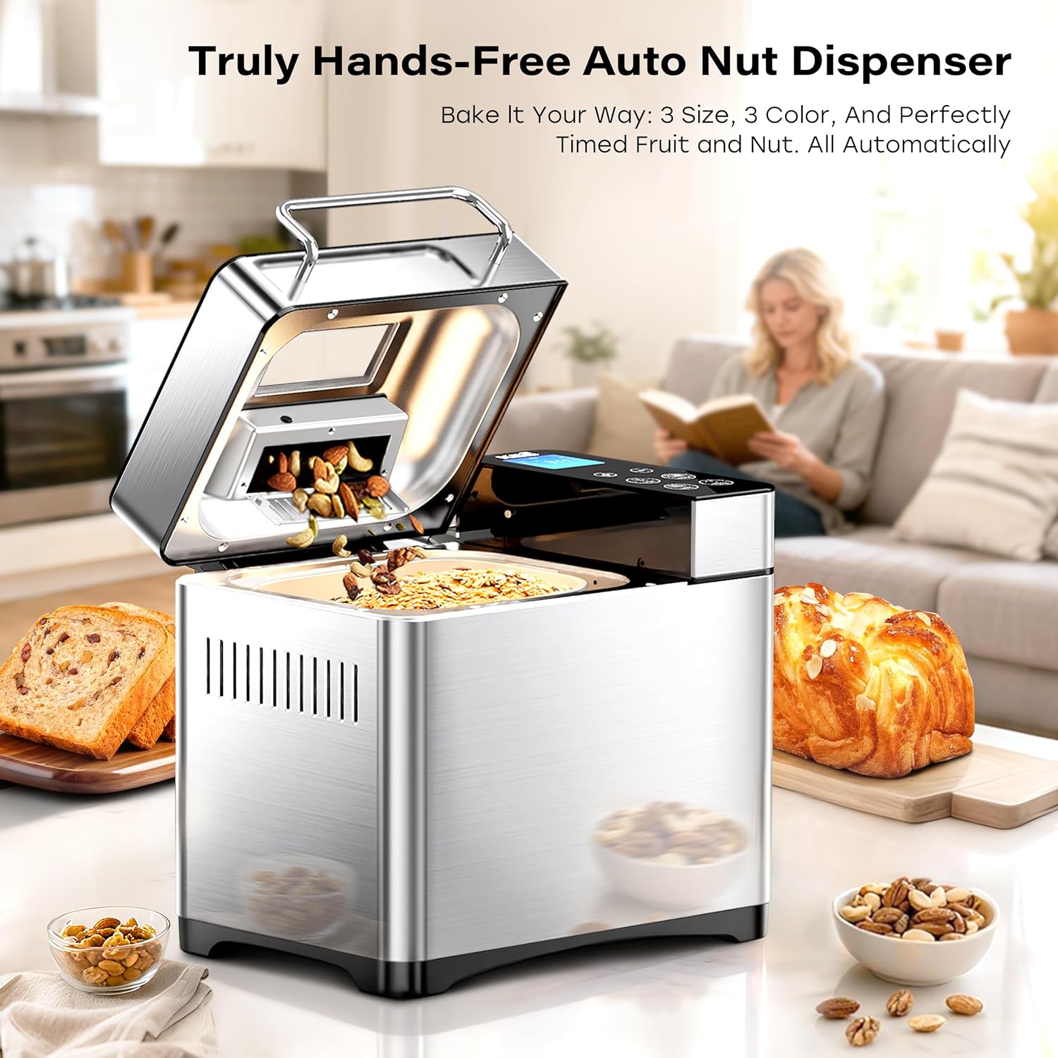 KBS Pro 710W Bread Maker, 2LB 17-in-1 Automatic Bread Machine with Healthy Ceramic Pan, Nut Dispenser, Tempered Glass Touch Panel, Stainless Steel Housing,3 Crust Colors, 15H Timer&Keep-Warm, Recipe KBS Pro 710W Bread Maker, 2LB 17-in-1 Automatic Bread Machine with Healthy Ceramic Pan, Nut Dispenser, Tempered Glass Touch Panel, Stainless Steel Housing,3 Crust Colors, 15H Timer&Keep-Warm, Recipe - Image 3