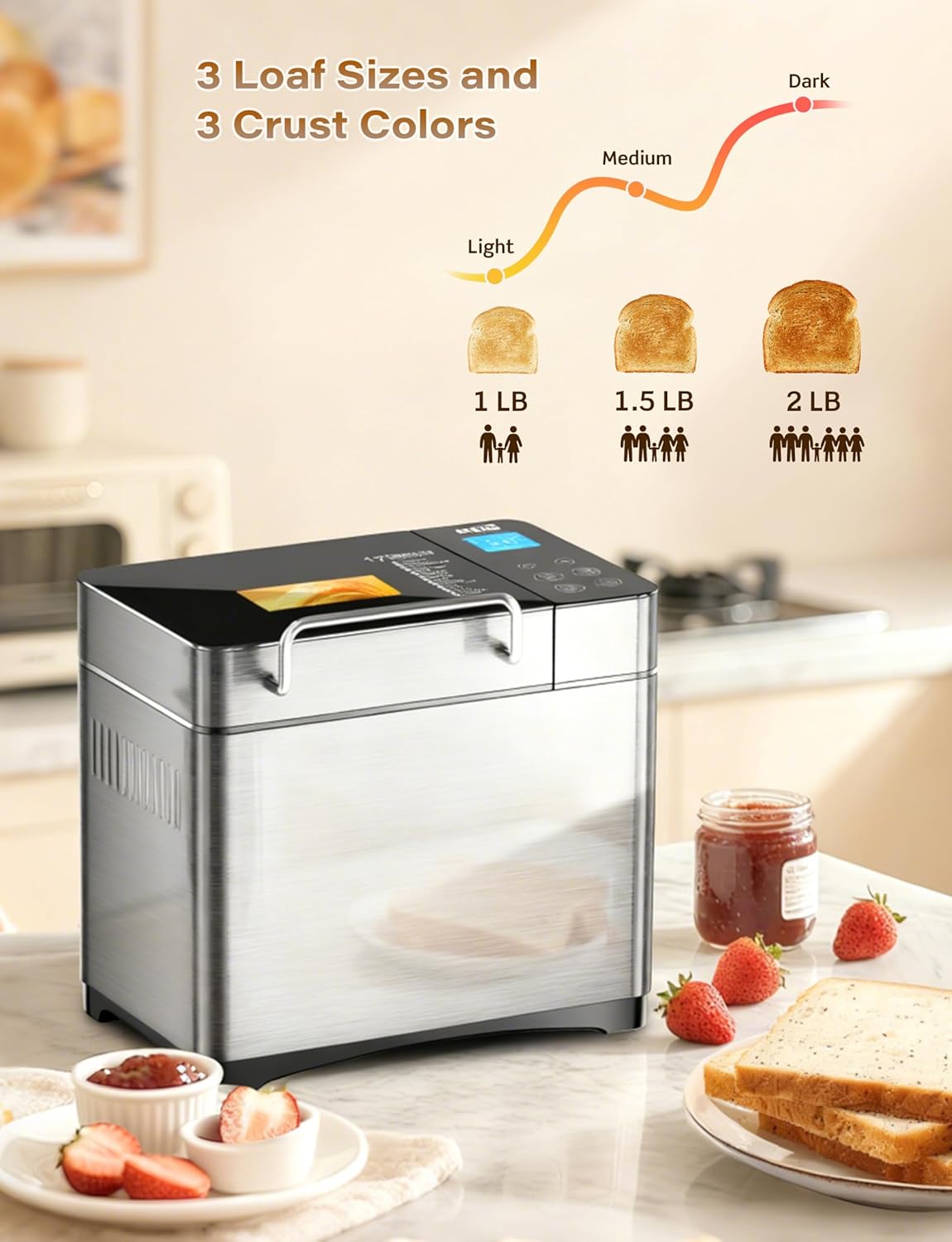 KBS Pro 710W Bread Maker, 2LB 17-in-1 Automatic Bread Machine with Healthy Ceramic Pan, Nut Dispenser, Tempered Glass Touch Panel, Stainless Steel Housing,3 Crust Colors, 15H Timer&Keep-Warm, Recipe KBS Pro 710W Bread Maker, 2LB 17-in-1 Automatic Bread Machine with Healthy Ceramic Pan, Nut Dispenser, Tempered Glass Touch Panel, Stainless Steel Housing,3 Crust Colors, 15H Timer&Keep-Warm, Recipe - Image 8