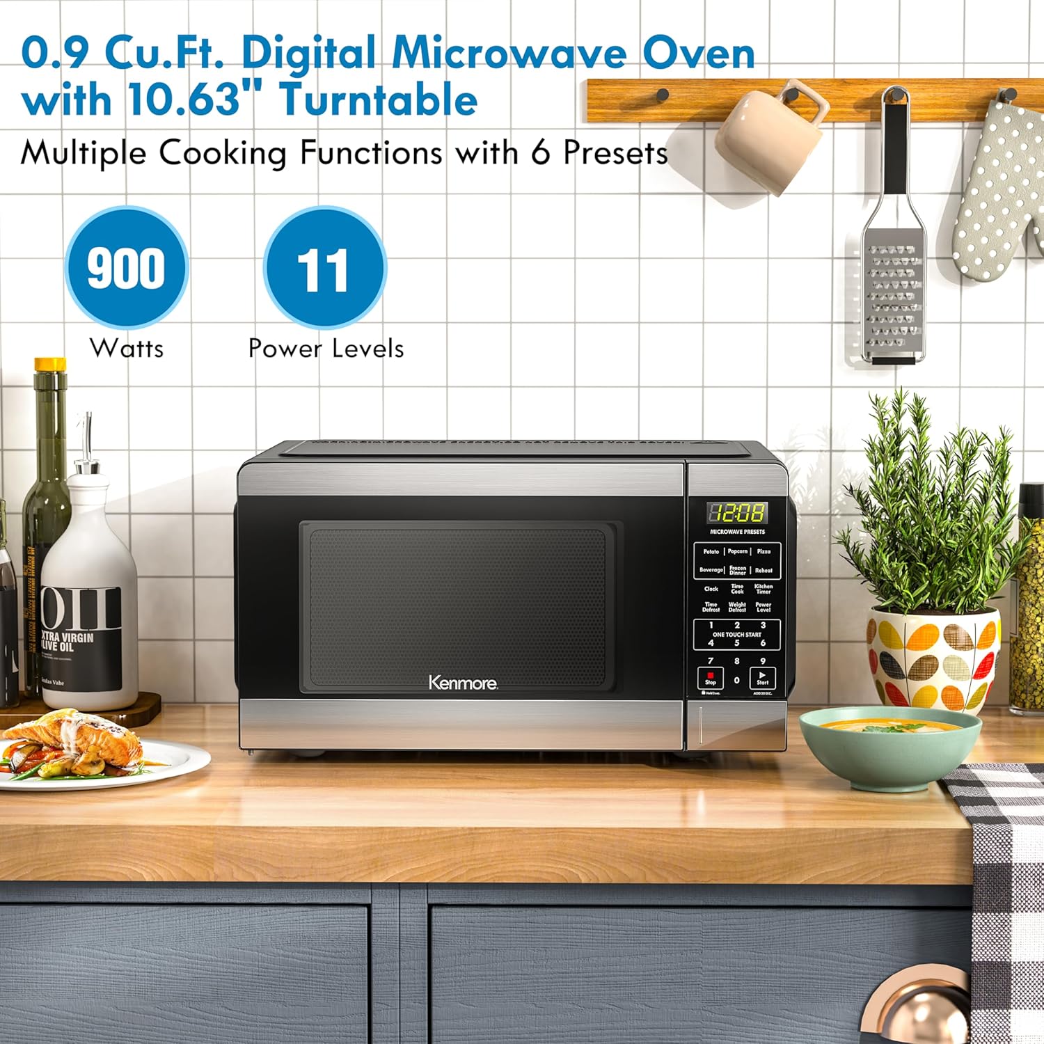 Kenmore Countertop Microwave, 6 Auto-Preset Menus, Child Lock, Defrost & Express Cooking Features, 900 Watt, .9 Cu Ft, Stainless Steel1 Kenmore Countertop Microwave, 6 Auto-Preset Menus, Child Lock, Defrost & Express Cooking Features, 900 Watt, .9 Cu Ft, Stainless Steel