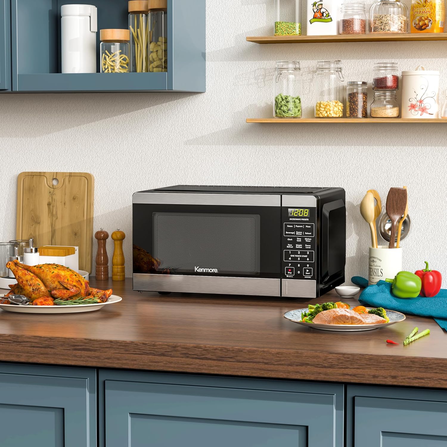 Kenmore Countertop Microwave, 6 Auto-Preset Menus, Child Lock, Defrost & Express Cooking Features, 900 Watt, .9 Cu Ft, Stainless Steel12 Kenmore Countertop Microwave, 6 Auto-Preset Menus, Child Lock, Defrost & Express Cooking Features, 900 Watt, .9 Cu Ft, Stainless Steel