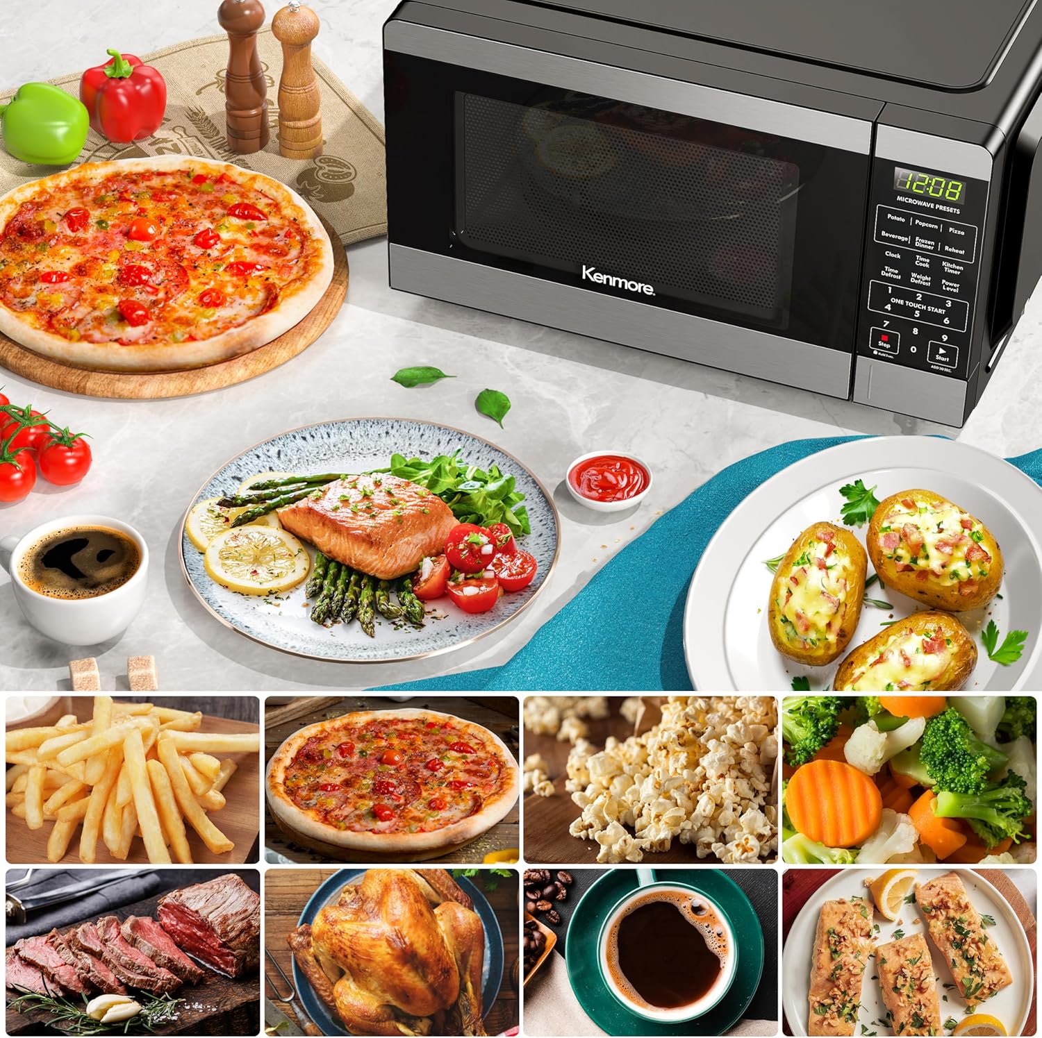 Kenmore Countertop Microwave, 6 Auto-Preset Menus, Child Lock, Defrost & Express Cooking Features, 900 Watt, .9 Cu Ft, Stainless Steel25 Kenmore Countertop Microwave, 6 Auto-Preset Menus, Child Lock, Defrost & Express Cooking Features, 900 Watt, .9 Cu Ft, Stainless Steel