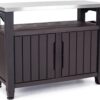 Keter Outdoor Rolling Table Cart for Food Prep, Storage, Bar & Grill, Dark Brown - Portable Kitchen Island Tabletop with Wheels for Drinks, Snacks, and Cooking