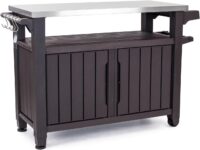 Keter Outdoor Rolling Table Cart for Food Prep, Storage, Bar & Grill, Dark Brown - Portable Kitchen Island Tabletop with Wheels for Drinks, Snacks, and Cooking