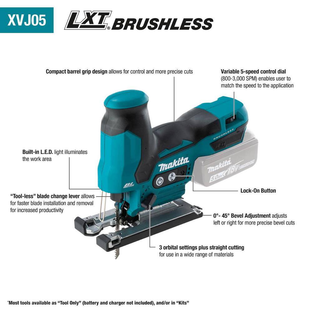 Makita XVJ05Z 18-Volt LxT Lithium-Ion Brushless Cordless Barrel Grip Jig Saw (Tool Only) Makita XVJ05Z 18-Volt LxT Lithium-Ion Brushless Cordless Barrel Grip Jig Saw (Tool Only) - Image 3