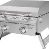 Megamaster 2-Burner Stainless Steel Portable Gas Grill with Built-In Lid, 16,000 BTUs, Foldable Legs, Small Propane Grill for Outdoor Cooking, Camping, Tailgating, Patios, and More - 820-0033M