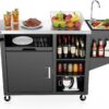 NUUK Grill Cart with Sink and Storage Cabinet Outdoor Kitchen Island Prep Table Cooking Station with Stainless Steel Top and Movable Universal Wheels for Outside BBQ Backyard Include Metal Hooks