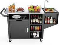 NUUK Grill Cart with Sink and Storage Cabinet Outdoor Kitchen Island Prep Table Cooking Station with Stainless Steel Top and Movable Universal Wheels for Outside BBQ Backyard Include Metal Hooks
