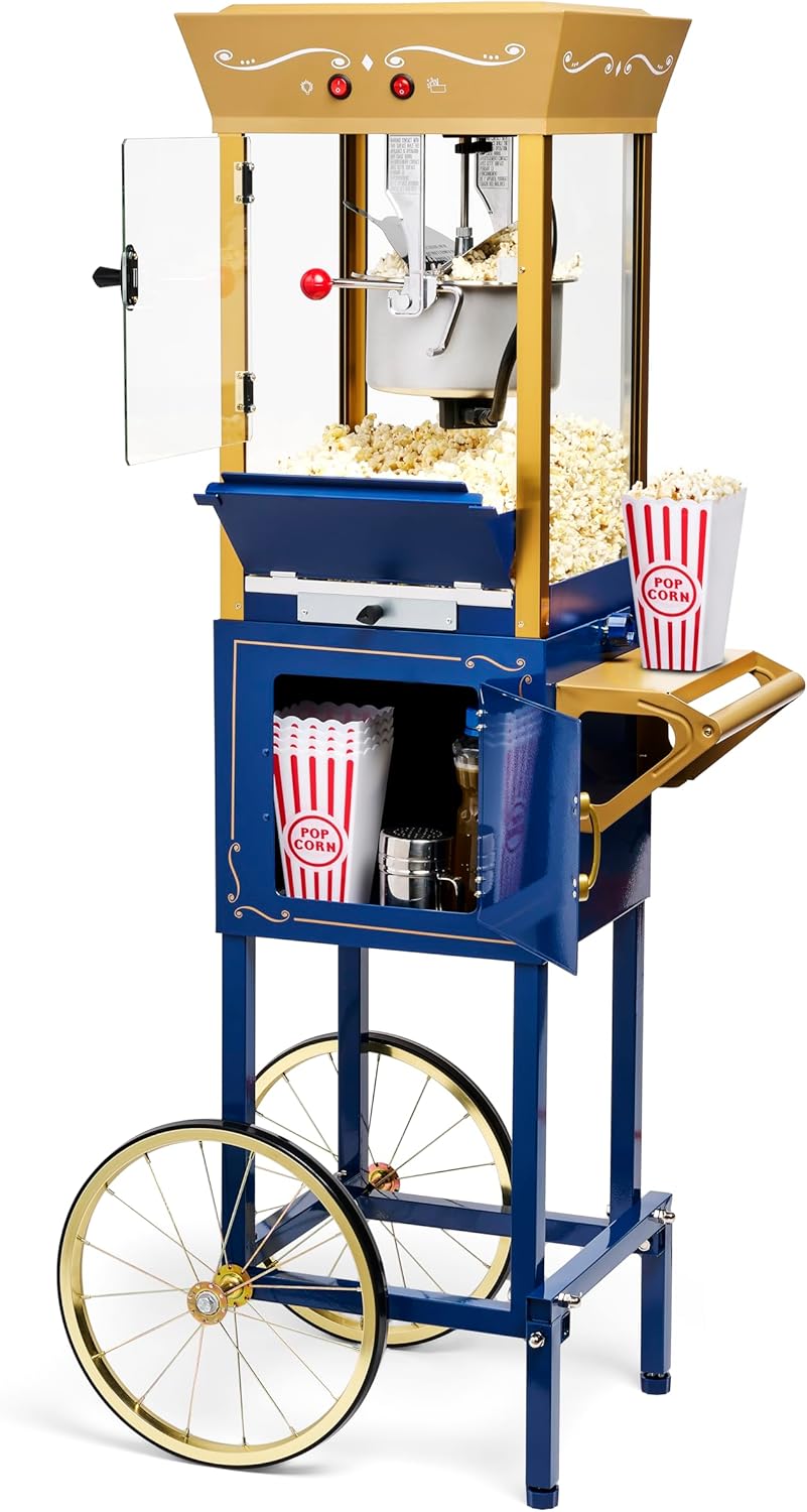 Nostalgia Popcorn Maker Machine - Professional Cart With 8 Oz Kettle Makes Up to 32 Cups - Vintage Popcorn Machine Movie Theater Style - Navy & Gold Nostalgia Popcorn Maker Machine - Professional Cart With 8 Oz Kettle Makes Up to 32 Cups - Vintage Popcorn Machine Movie Theater Style - Navy & Gold