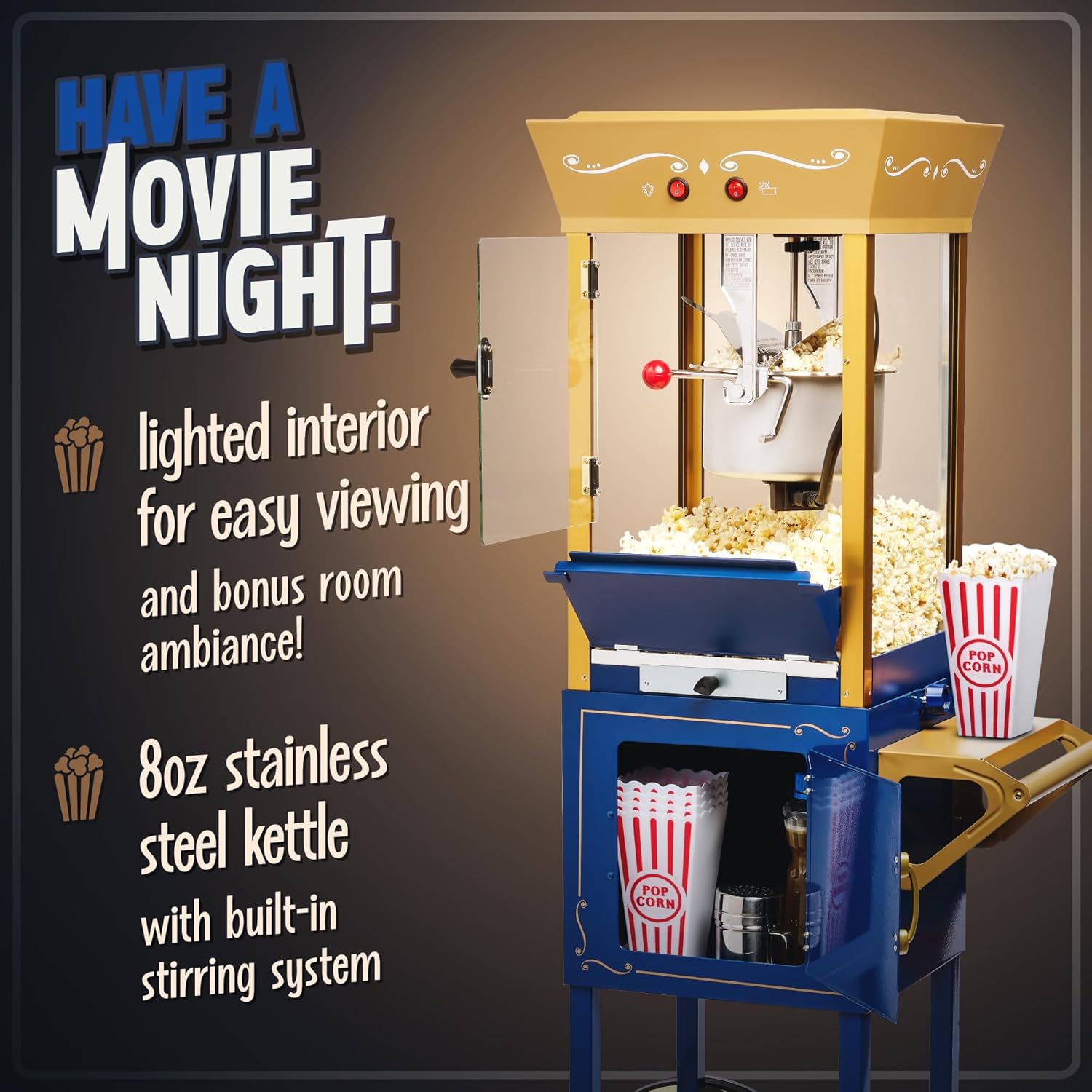 Nostalgia Popcorn Maker Machine - Professional Cart With 8 Oz Kettle Makes Up to 32 Cups - Vintage Popcorn Machine Movie Theater Style - Navy & Gold3 Nostalgia Popcorn Maker Machine - Professional Cart With 8 Oz Kettle Makes Up to 32 Cups - Vintage Popcorn Machine Movie Theater Style - Navy & Gold