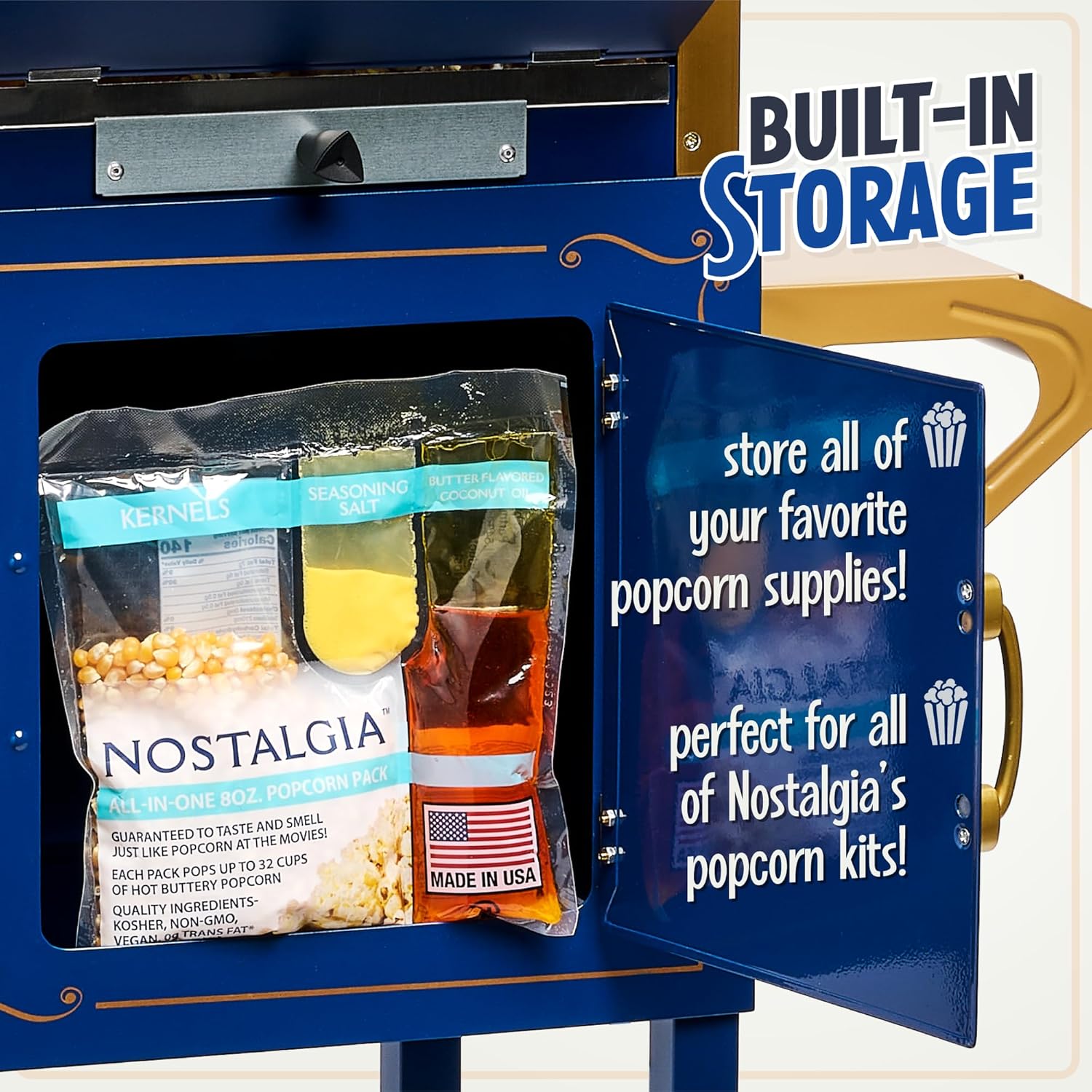 Nostalgia Popcorn Maker Machine - Professional Cart With 8 Oz Kettle Makes Up to 32 Cups - Vintage Popcorn Machine Movie Theater Style - Navy & Gold4 Nostalgia Popcorn Maker Machine - Professional Cart With 8 Oz Kettle Makes Up to 32 Cups - Vintage Popcorn Machine Movie Theater Style - Navy & Gold