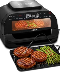 NutriChef Indoor Smokeless Grill | Smart Grill & Air Fryer with 7 Cooking Functions | 6L Capacity | Includes Smart Thermometer | Precise Temperature Control | Non-Stick Removable Grill Plates