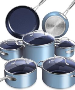 Nuwave Healthy Duralon Blue Ceramic Nonstick Cookware Set, Diamond Infused Scratch-Resistant, PFAS Free, Dishwasher & Oven Safe, Induction Ready & Evenly Heats, Tempered Glass Lids & Stay-Cool Handles