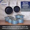 Nuwave Healthy Duralon Blue Ceramic Nonstick Cookware Set, Diamond Infused Scratch-Resistant, PFAS Free, Dishwasher & Oven Safe, Induction Ready & Evenly Heats, Tempered Glass Lids & Stay-Cool Handles, Cozy Blue
