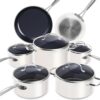 Nuwave Healthy Duralon Blue Ceramic Nonstick Cookware Set, Diamond Infused Scratch-Resistant, PFAS Free, Dishwasher & Oven Safe, Induction Ready & Evenly Heats, Tempered Glass Lids & Stay-Cool Handles, Vanilla Cream