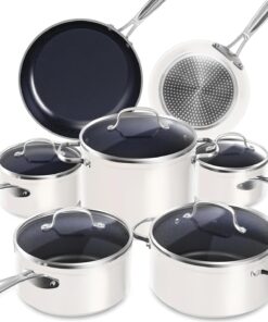 Nuwave Healthy Duralon Blue Ceramic Nonstick Cookware Set, Diamond Infused Scratch-Resistant, PFAS Free, Dishwasher & Oven Safe, Induction Ready & Evenly Heats, Tempered Glass Lids & Stay-Cool Handles, Vanilla Cream