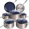 Nuwave Healthy Duralon Blue Ceramic Nonstick Cookware Set, Diamond Infused Scratch-Resistant, PFAS Free, Dishwasher & Oven Safe, Induction Ready & Evenly Heats, Tempered Glass Lids & Stay-Cool Handles, Metallic Mocha Brown