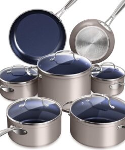 Nuwave Healthy Duralon Blue Ceramic Nonstick Cookware Set, Diamond Infused Scratch-Resistant, PFAS Free, Dishwasher & Oven Safe, Induction Ready & Evenly Heats, Tempered Glass Lids & Stay-Cool Handles, Metallic Mocha Brown