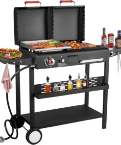 Propane Gas Griddle Charcoal Grill Combo Flat Top Griddle W/Dual Lids & 2 Side Shelves Dual Fuel BBQ Grill for Outdoor Barbecue
