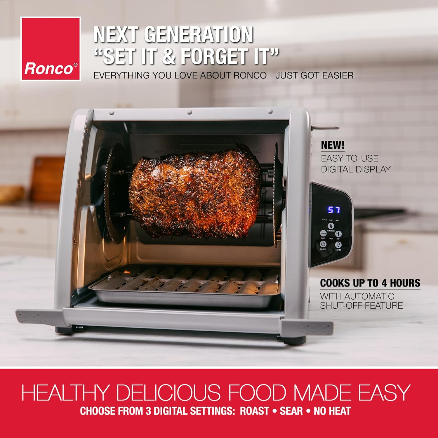 Ronco 6000 Platinum Series Rotisserie Oven, Digital Display, 12-Pound Capacity, Auto Shutoff, Includes Rotisserie Spit, Multi-Purpose Basket, 3 Cooking Functions: Rotisserie, Sear and No Heat Rotation Ronco 6000 Platinum Series Rotisserie Oven, Digital Display, 12-Pound Capacity, Auto Shutoff, Includes Rotisserie Spit, Multi-Purpose Basket, 3 Cooking Functions: Rotisserie, Sear and No Heat Rotation - Image 3