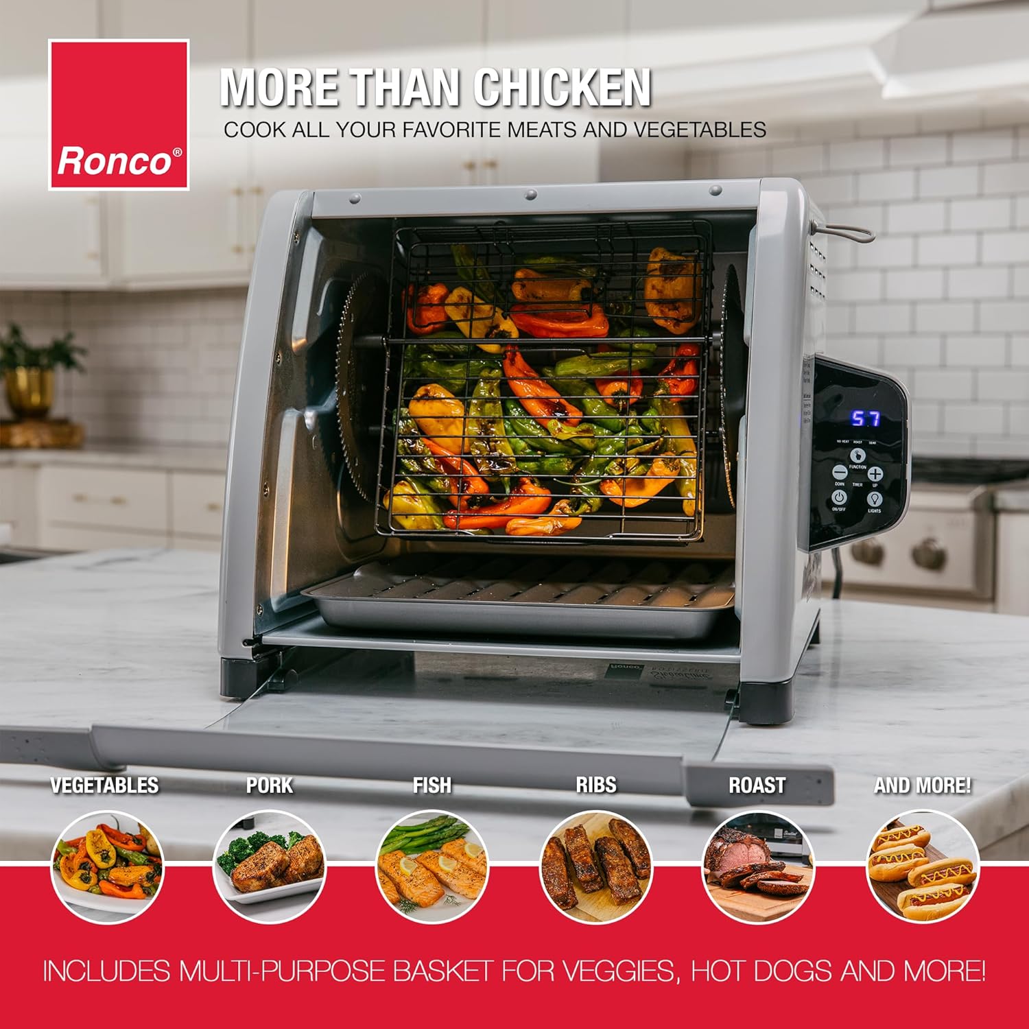 Ronco 6000 Platinum Series Rotisserie Oven, Digital Display, 12-Pound Capacity, Auto Shutoff, Includes Rotisserie Spit, Multi-Purpose Basket, 3 Cooking Functions: Rotisserie, Sear and No Heat Rotation Ronco 6000 Platinum Series Rotisserie Oven, Digital Display, 12-Pound Capacity, Auto Shutoff, Includes Rotisserie Spit, Multi-Purpose Basket, 3 Cooking Functions: Rotisserie, Sear and No Heat Rotation - Image 4