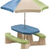 Step2 Naturally Playful Kids Picnic Table with Removable Umbrella, Indoor/Outdoor Toys, Fits 6 Children, Made of Durable Plastic, For Toddlers 3+ Years Old, Blue & Green