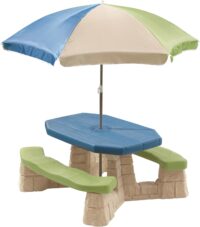 Step2 Naturally Playful Kids Picnic Table with Removable Umbrella, Indoor/Outdoor Toys, Fits 6 Children, Made of Durable Plastic, For Toddlers 3+ Years Old, Blue & Green