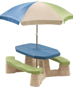 Step2 Naturally Playful Kids Picnic Table with Removable Umbrella, Indoor/Outdoor Toys, Fits 6 Children, Made of Durable Plastic, For Toddlers 3+ Years Old, Blue & Green