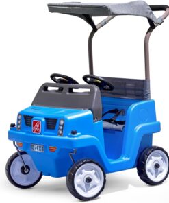 Step2 Side-by-Side Push Around SUV, 2-Seater Kids Push Car with Seat Belts, Dual Steering Wheels & Horns, Adjustable Canopy, Ages 18 months–5 years, Max 100 lbs., Durable Plastic, Blue