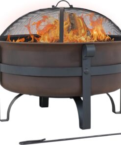 Sunnydaze 29-Inch Wood-Burning Outdoor Fire Pit - Bronze Cauldron Wood Fire Pit for Outside - Includes Poker and Spark Screen