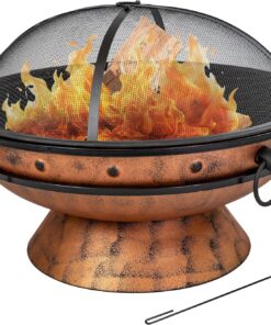 Sunnydaze 30-Inch Large Outdoor Fire Pit - Wood Burning Fire Pit for Outside with Poker and Screen - Copper Finish - Royal Cauldron