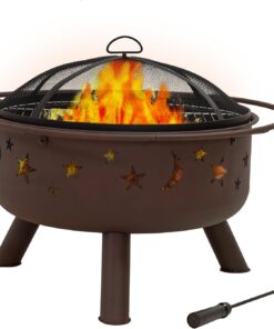 Sunnydaze Cosmic 30-Inch Patio Fire Pit for Outside - Outdoor Wood-Burning Fire Pit with Grill Grate, Spark Screen, and Fireplace Poker