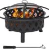 Sunnydaze Crossweave Outdoor Fire Pit - Wood-Burning Fire Pit for Outside with Spark Screen, Poker and Round Cover - 30-Inch - Black