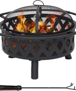 Sunnydaze Crossweave Outdoor Fire Pit - Wood-Burning Fire Pit for Outside with Spark Screen, Poker and Round Cover - 30-Inch - Black