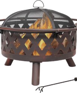 Sunnydaze Crossweave Outdoor Fire Pit - Wood-Burning Fire Pit for Outside with Spark Screen, Poker and Round Cover - 30-Inch - Bronze