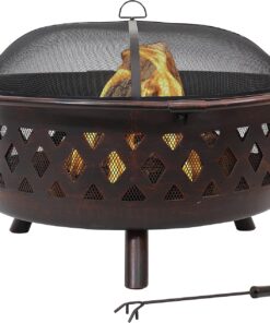 Sunnydaze Crossweave Outdoor Fire Pit - Wood-Burning Fire Pit for Outside with Spark Screen, Poker and Round Cover - 36-Inch - Bronze