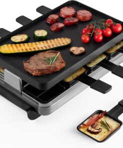 Swissmar Classic Raclette Party Grill with Reversible Cast Aluminum Non-Stick Grill Plate/Crepe Top, Outdoor & Indoor Electric BBQ Grill, Samgyupsal Griller - Brushed Stainless Steel - 8-Person