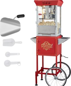 VEVOR Commercial Popcorn Machine, 8 Oz Kettle, 850 W Popcorn Maker on Wheels for 48 Cups per Batch, Theater Style Popper with 3-Switch Control Steel Frame Tempered Glass Doors Cart 1 Scoop 2 Spoons