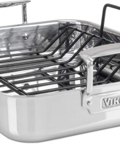 Viking 3-Ply Stainless Steel Roasting Pan with Non Stick Rack, 16 x 13 Inch Kitchen Cookware, Great for Turkey, Dishwasher and Oven Safe, Induction Ready, Silver